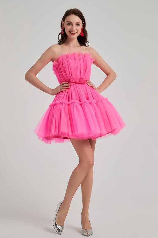 A-line Strapless Sleeveless Knee Length Tulle Promo Dresses