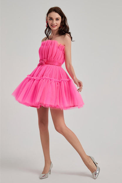 A-line Strapless Sleeveless Knee Length Tulle Promo Dresses