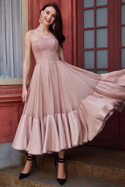 A-line Strapless Sleeveless Tea Length Chiffon Promo Dresses