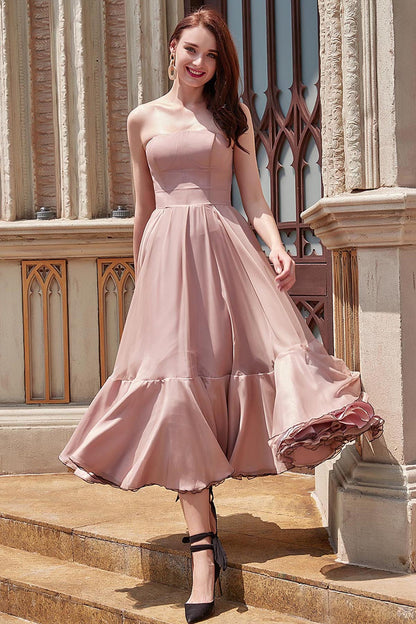 A-line Strapless Sleeveless Tea Length Chiffon Promo Dresses