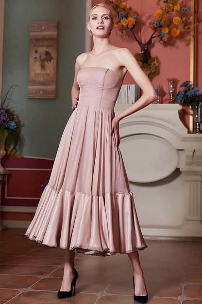 A-line Strapless Sleeveless Tea Length Chiffon Promo Dresses