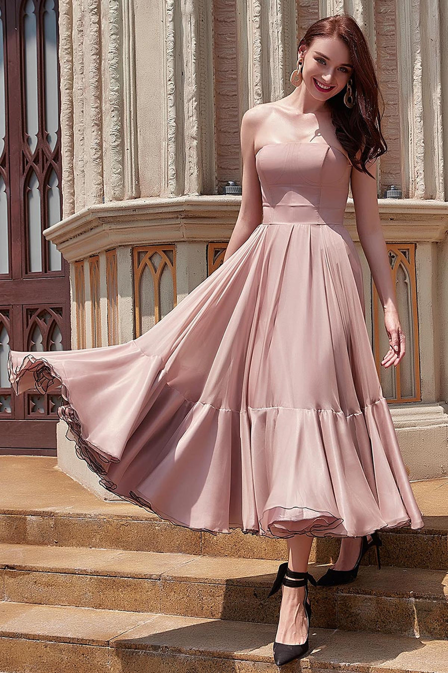 A-line Strapless Sleeveless Tea Length Chiffon Promo Dresses