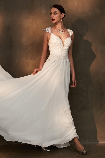 A-line Straps Sleeveless Full Length Chiffon Wedding Dresses