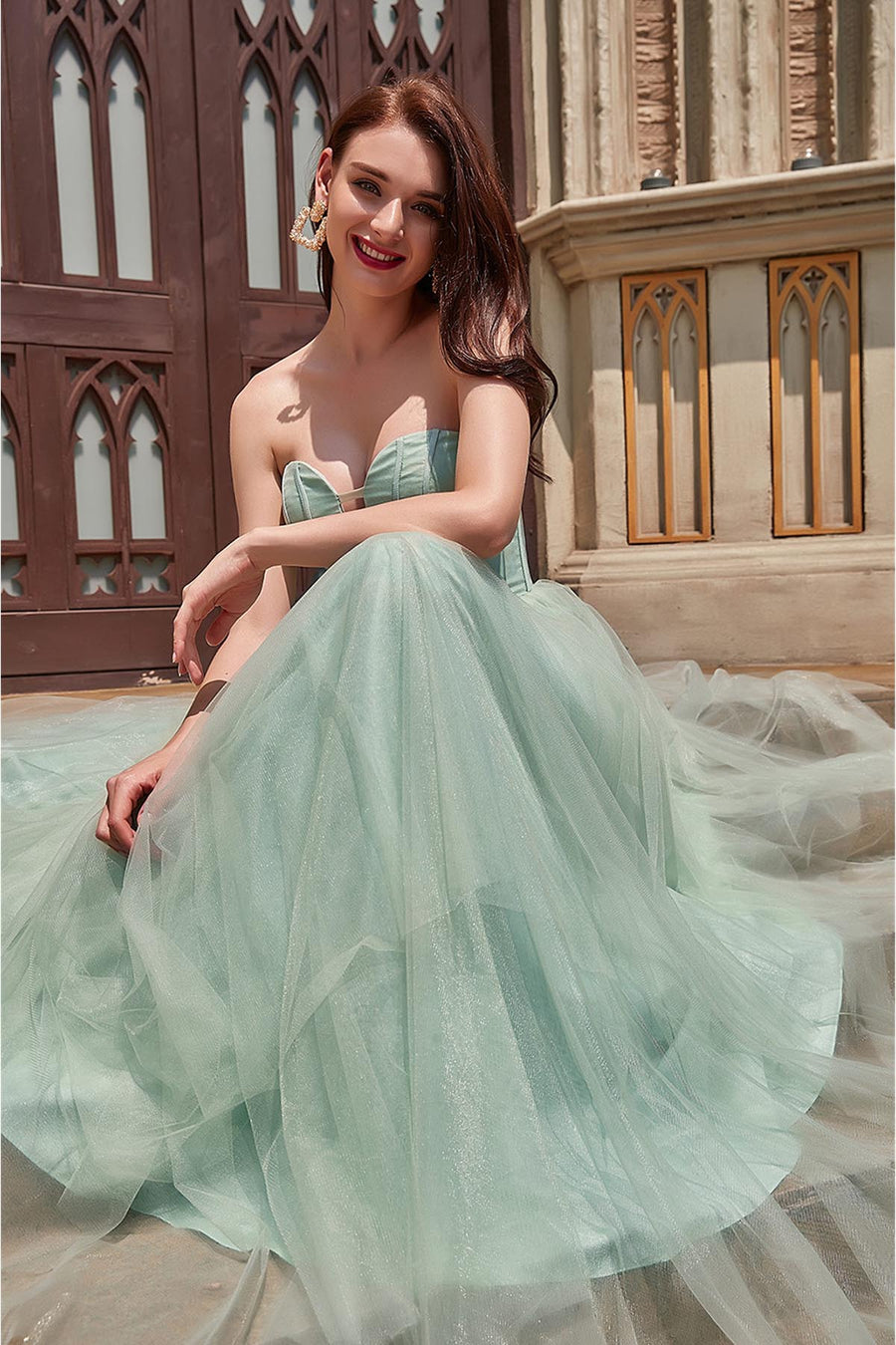 A-line Sweetheart Sleeveless Full Length Tulle Promo Dresses