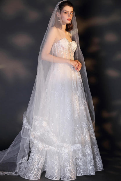 A-line Sweetheart Sleeveless Full Length Tulle Wedding Dresses