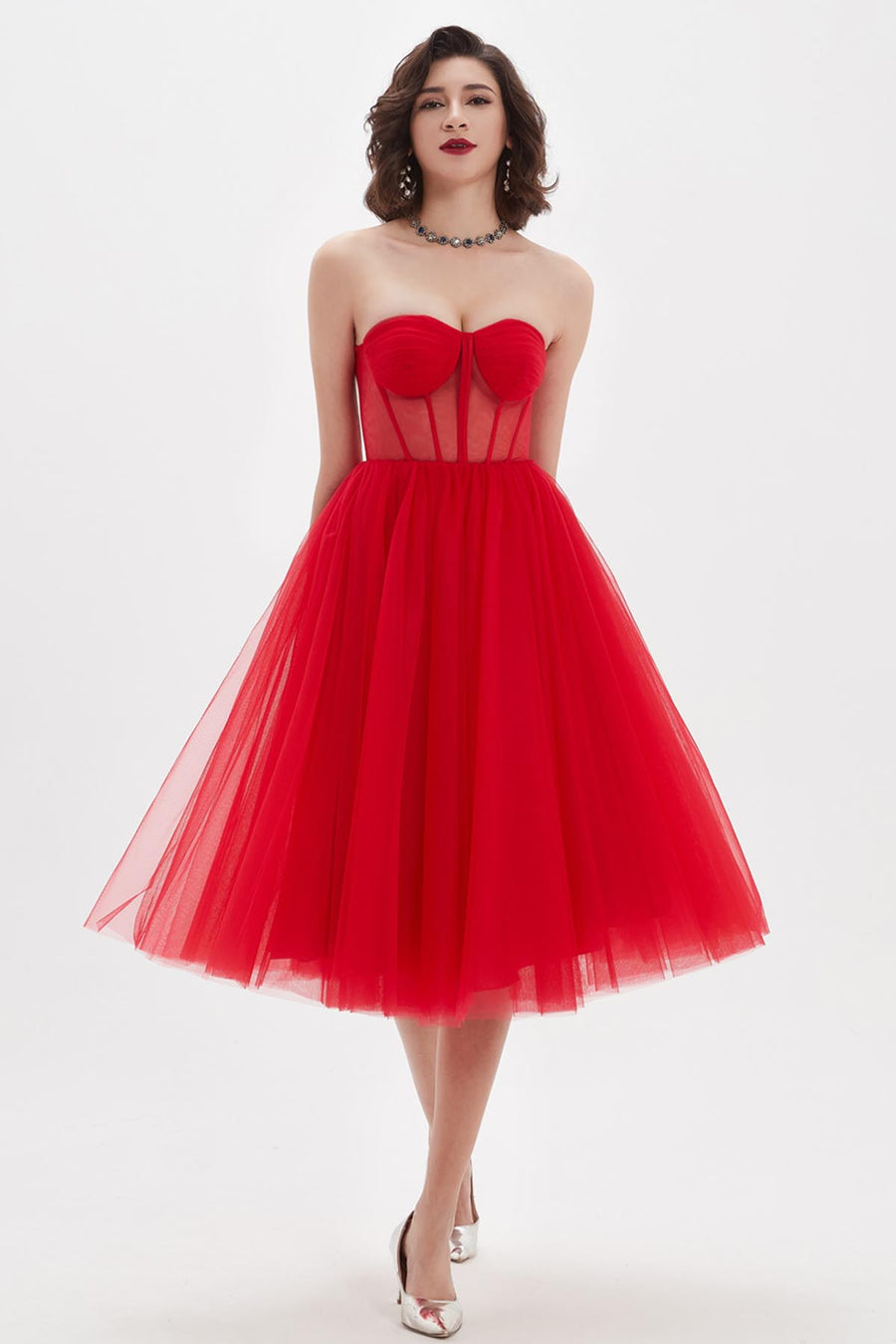 A-line Sweetheart Sleeveless Tea Length Tulle Promo Dresses