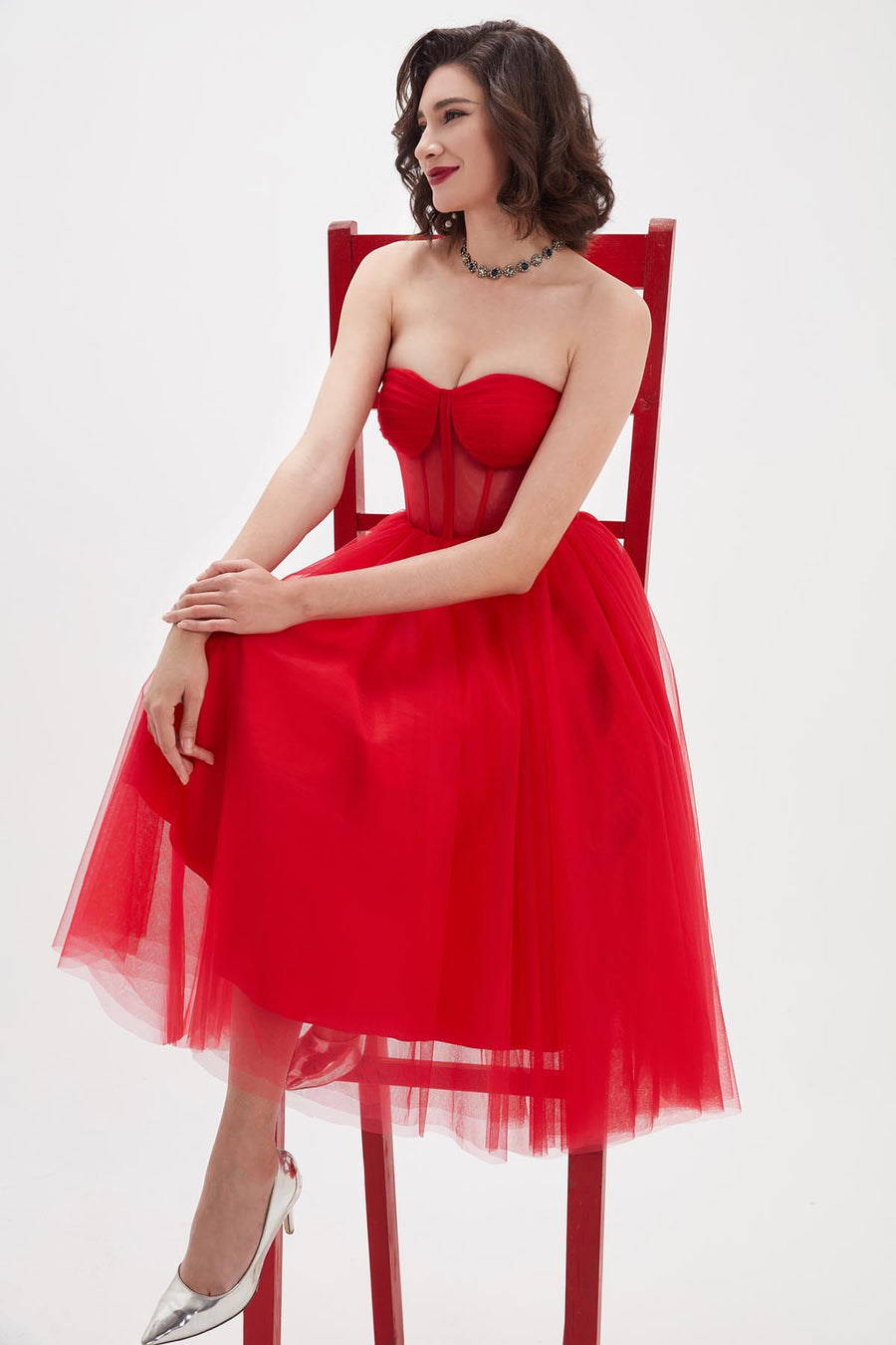 A-line Sweetheart Sleeveless Tea Length Tulle Promo Dresses