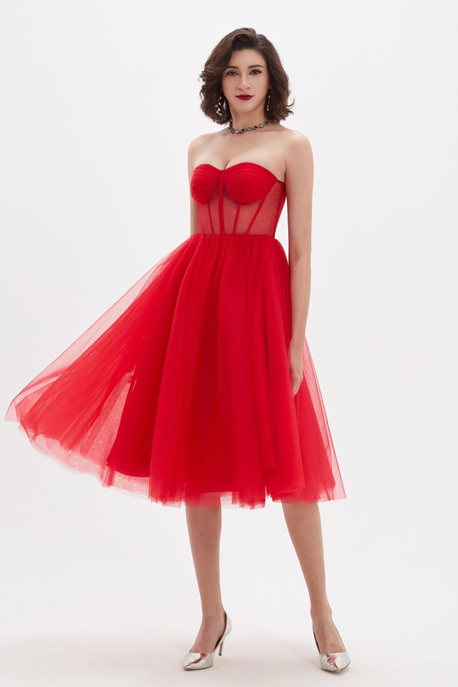 A-line Sweetheart Sleeveless Tea Length Tulle Promo Dresses