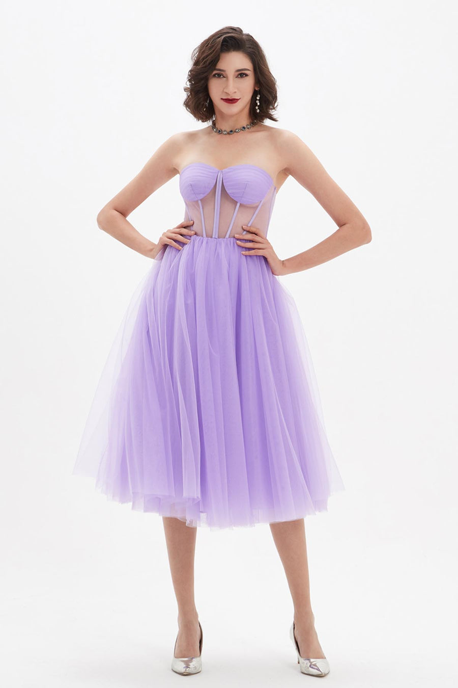 A-line Sweetheart Sleeveless Tea Length Tulle Promo Dresses