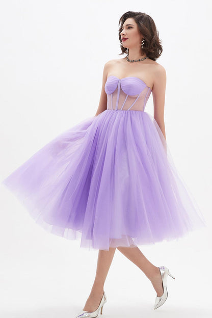 A-line Sweetheart Sleeveless Tea Length Tulle Promo Dresses