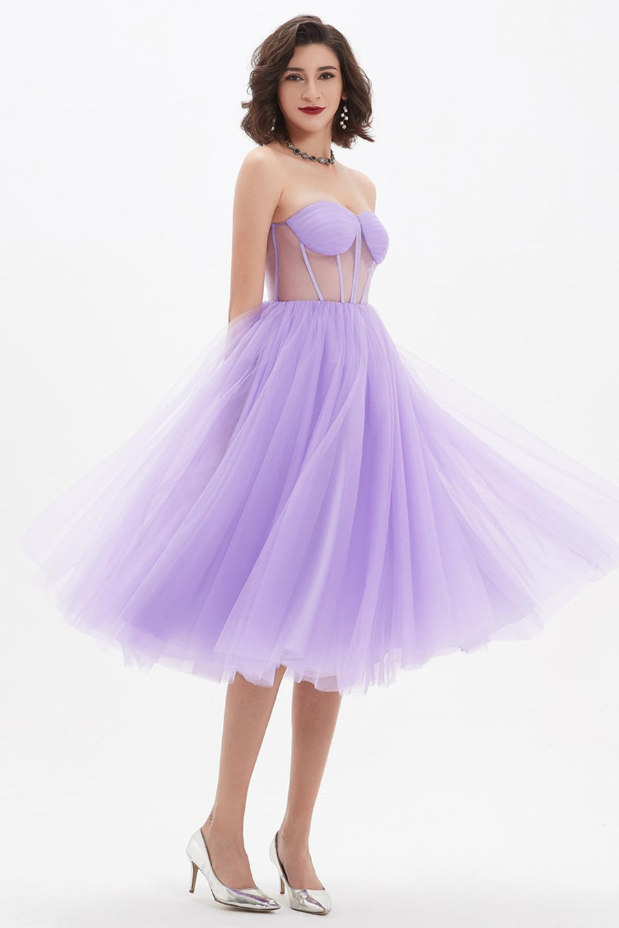 A-line Sweetheart Sleeveless Tea Length Tulle Promo Dresses