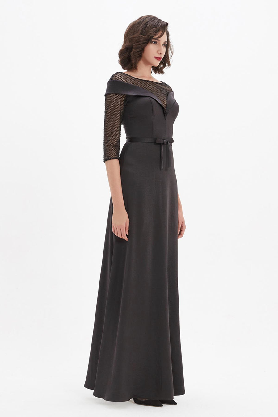 A-line V-neck 3/4 Sleeves Full Length Polyester Promo Dresses