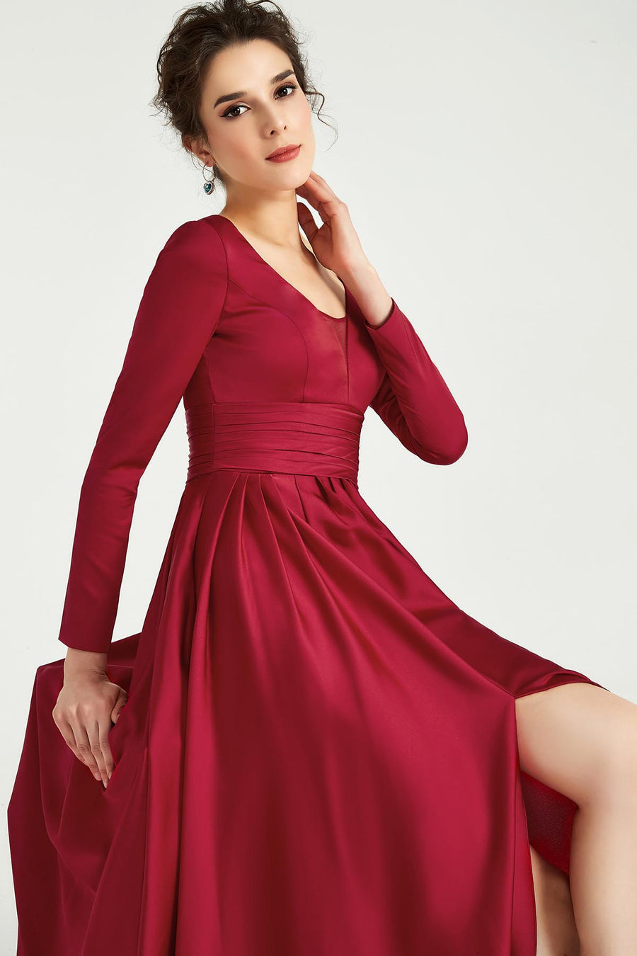 A-line V-neck Long Sleeves Full Length Polyester Promo Dresses