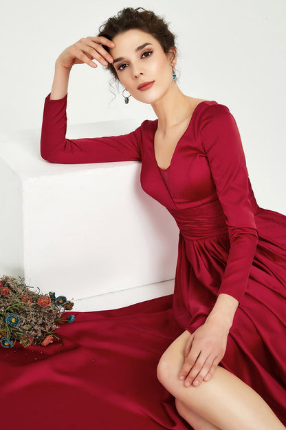 A-line V-neck Long Sleeves Full Length Polyester Promo Dresses