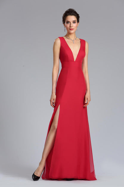 A-line V-neck Sleeveless Full Length Chiffon Promo Dresses