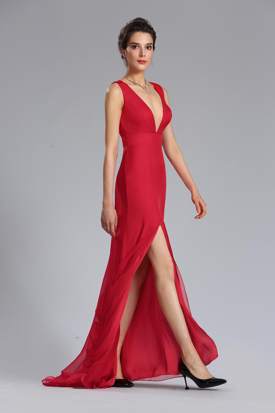 A-line V-neck Sleeveless Full Length Chiffon Promo Dresses