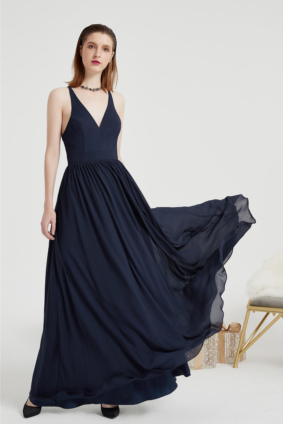 A-line V-neck Sleeveless Full Length Chiffon Promo Dresses