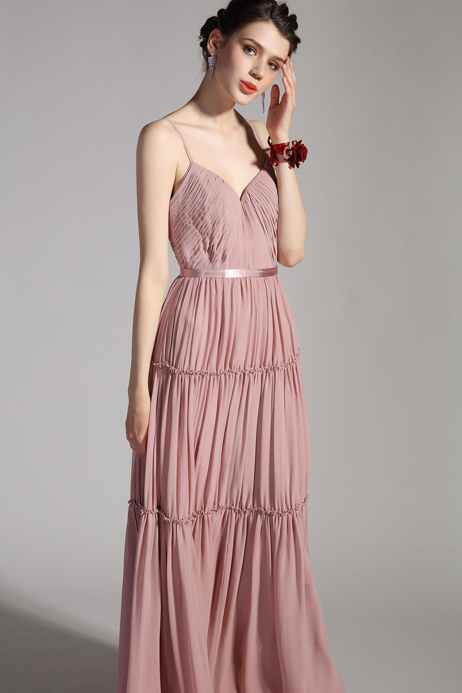 A-line V-neck Sleeveless Full Length Chiffon Promo Dresses