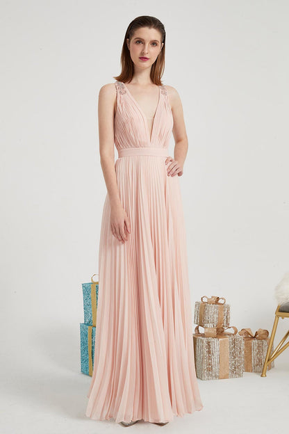 A-line V-neck Sleeveless Full Length Chiffon Promo Dresses