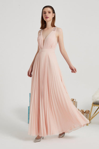 A-line V-neck Sleeveless Full Length Chiffon Promo Dresses