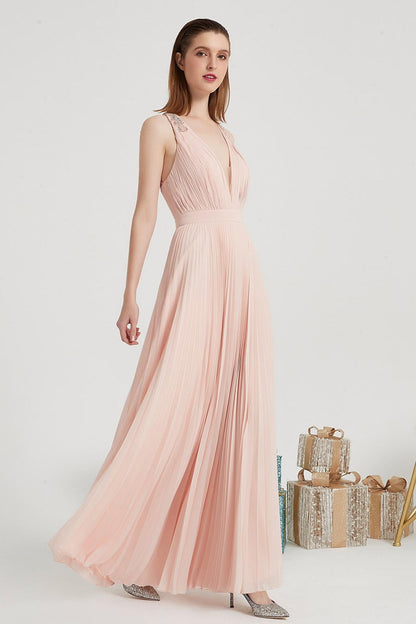 A-line V-neck Sleeveless Full Length Chiffon Promo Dresses