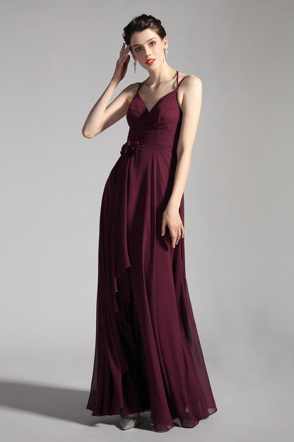 A-line V-neck Sleeveless Full Length Chiffon Promo Dresses