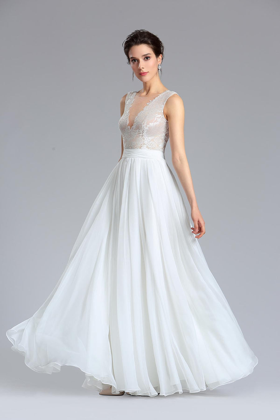 A-line V-neck Sleeveless Full Length Chiffon Wedding Dresses