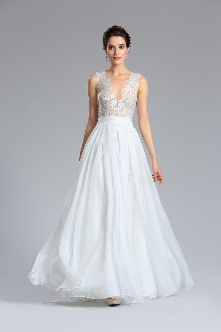 A-line V-neck Sleeveless Full Length Chiffon Wedding Dresses