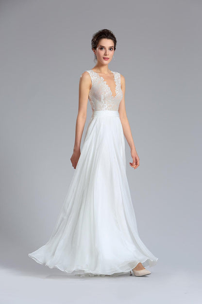 A-line V-neck Sleeveless Full Length Chiffon Wedding Dresses