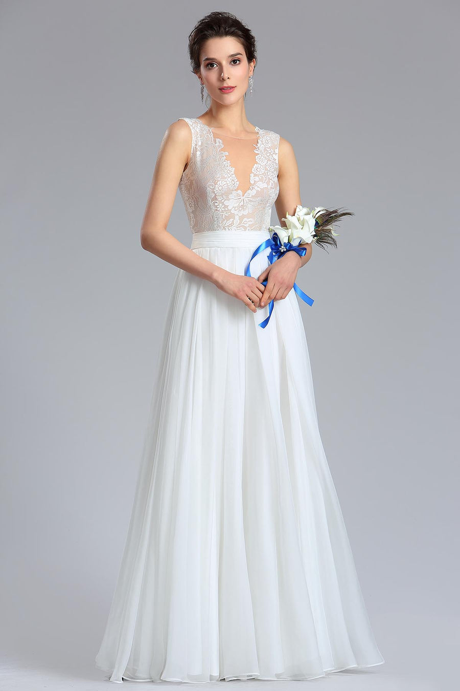 A-line V-neck Sleeveless Full Length Chiffon Wedding Dresses