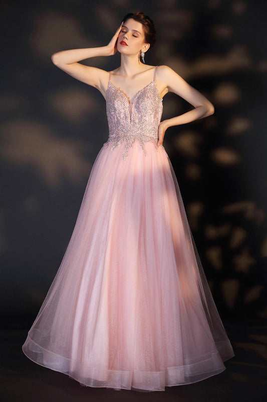 A-line V-neck Sleeveless Full Length Lace Promo Dresses