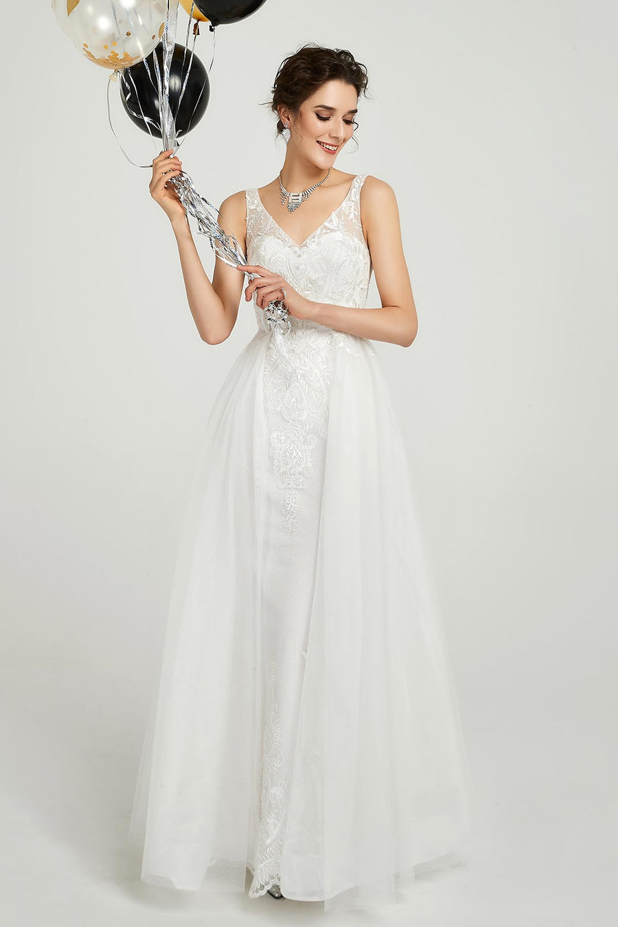 A-line V-neck Sleeveless Full Length Lace Wedding Dresses