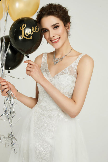 A-line V-neck Sleeveless Full Length Lace Wedding Dresses