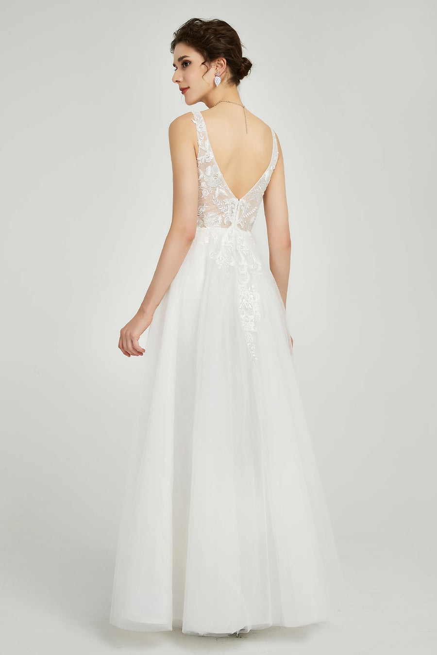 A-line V-neck Sleeveless Full Length Lace Wedding Dresses