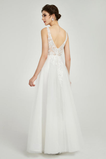 A-line V-neck Sleeveless Full Length Lace Wedding Dresses