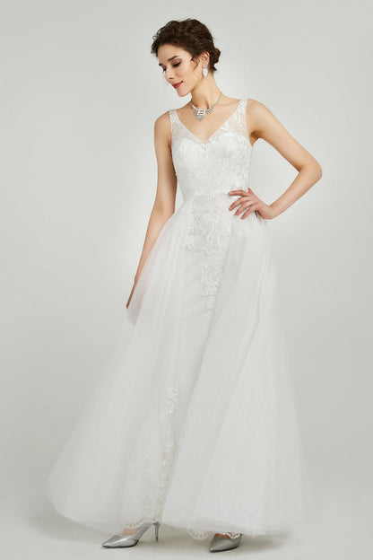 A-line V-neck Sleeveless Full Length Lace Wedding Dresses