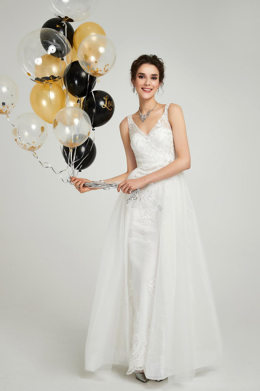 A-line V-neck Sleeveless Full Length Lace Wedding Dresses