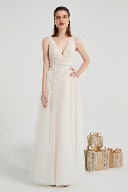 A-line V-neck Sleeveless Full Length Lace Wedding Dresses