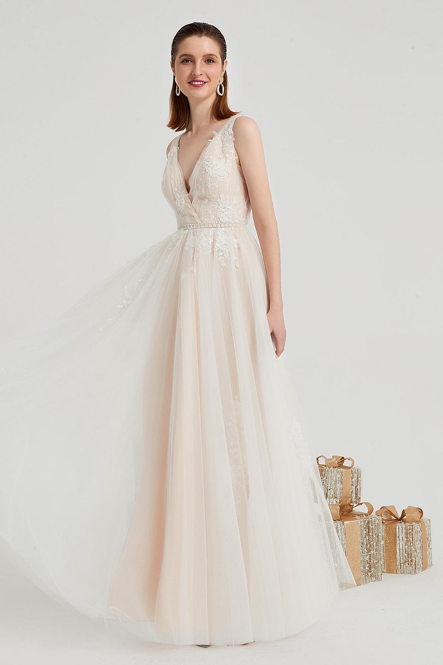 A-line V-neck Sleeveless Full Length Lace Wedding Dresses