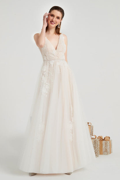 A-line V-neck Sleeveless Full Length Lace Wedding Dresses