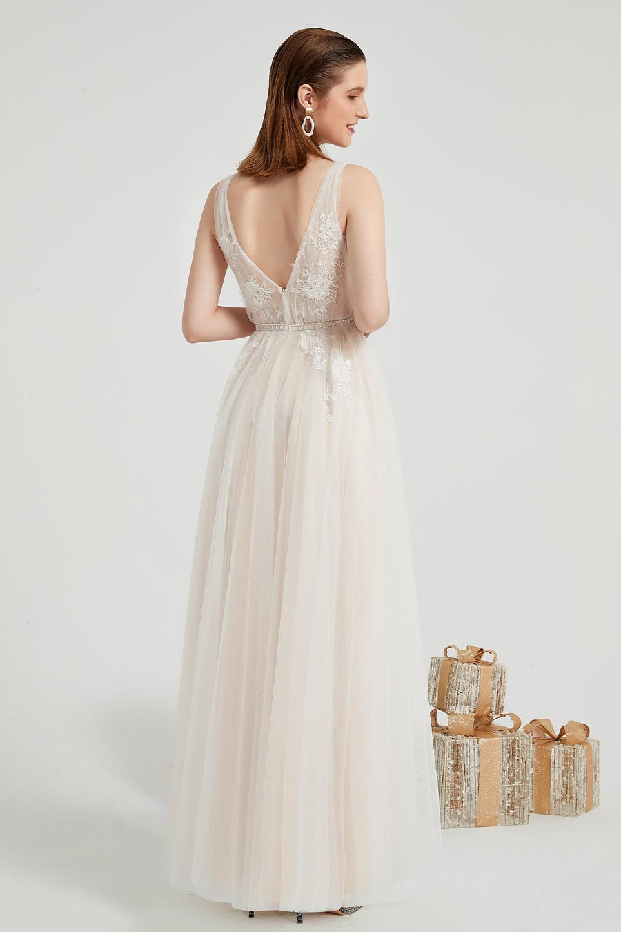 A-line V-neck Sleeveless Full Length Lace Wedding Dresses