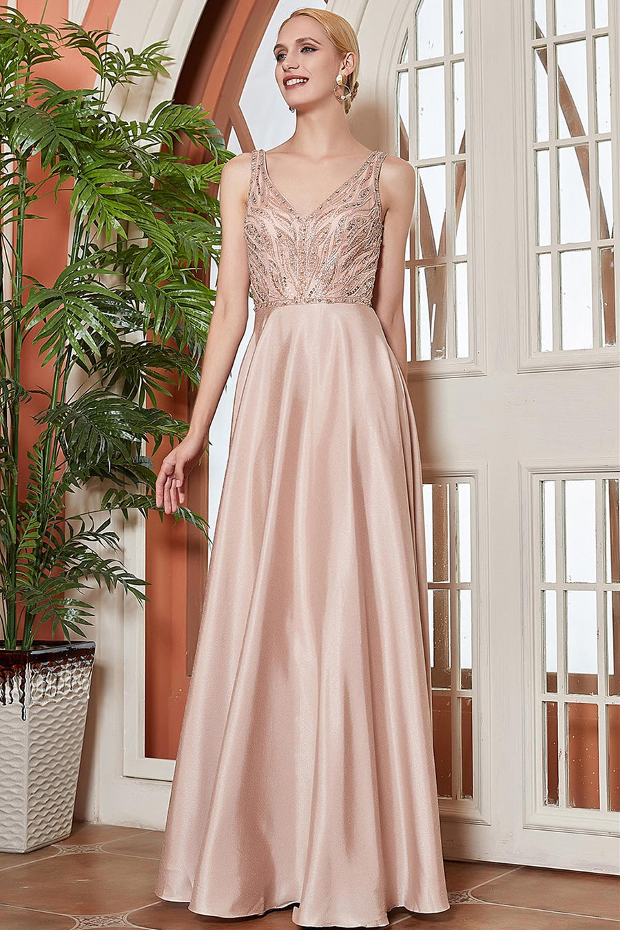 A-line V-neck Sleeveless Full Length Satin Promo Dresses