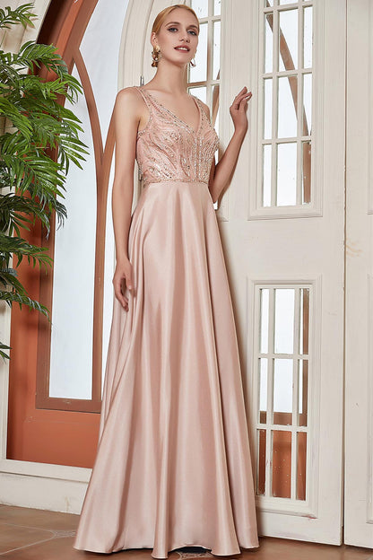 A-line V-neck Sleeveless Full Length Satin Promo Dresses