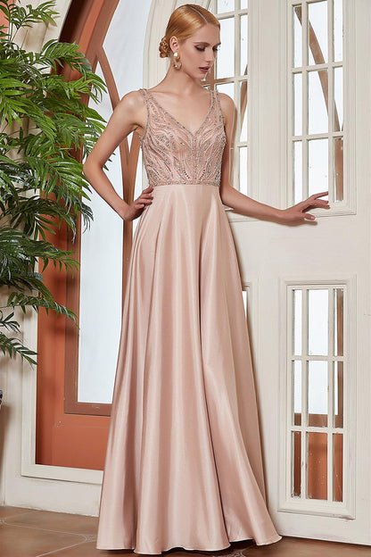 A-line V-neck Sleeveless Full Length Satin Promo Dresses