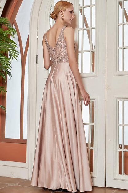 A-line V-neck Sleeveless Full Length Satin Promo Dresses