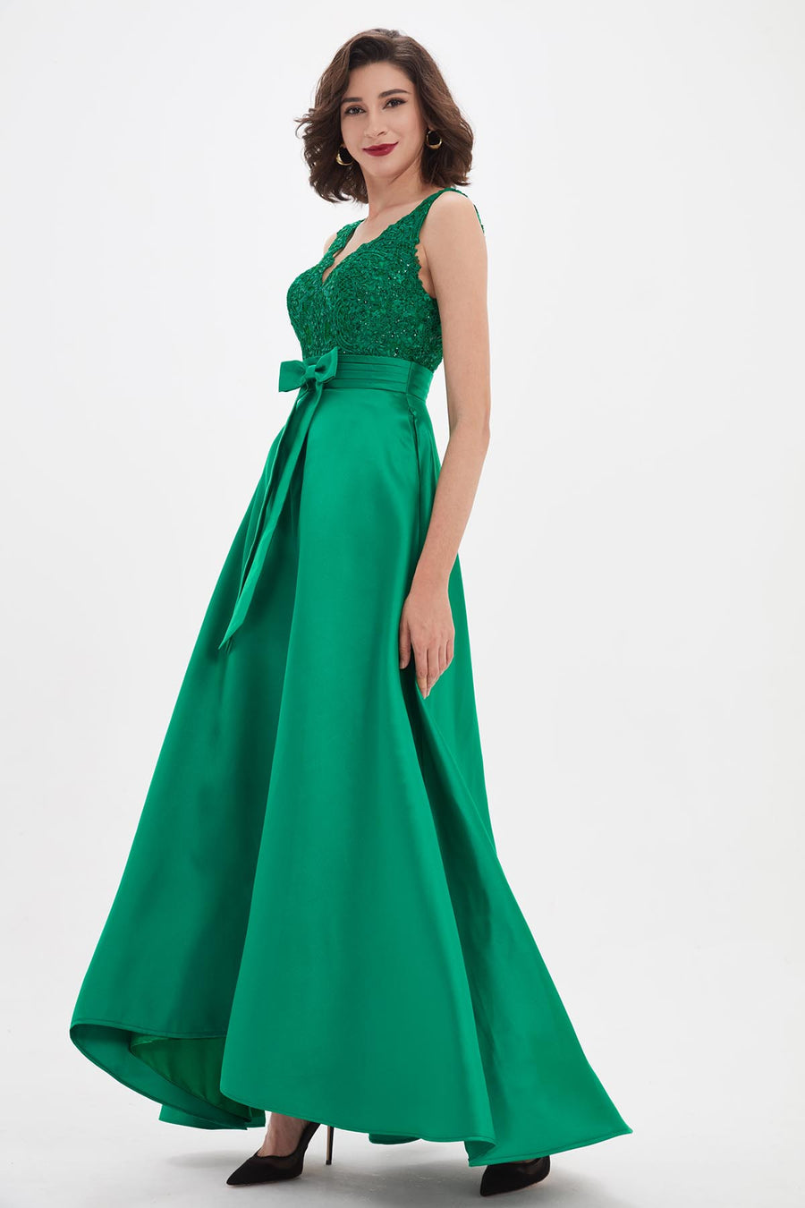 A-line V-neck Sleeveless Full Length Satin Promo Dresses