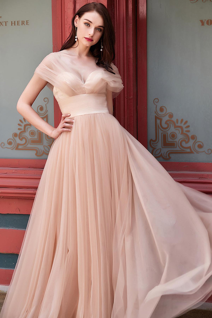 A-line V-neck Sleeveless Full Length Tulle Promo Dresses