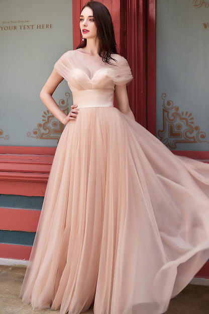 A-line V-neck Sleeveless Full Length Tulle Promo Dresses