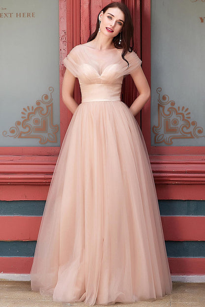 A-line V-neck Sleeveless Full Length Tulle Promo Dresses