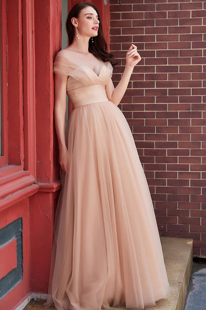 A-line V-neck Sleeveless Full Length Tulle Promo Dresses